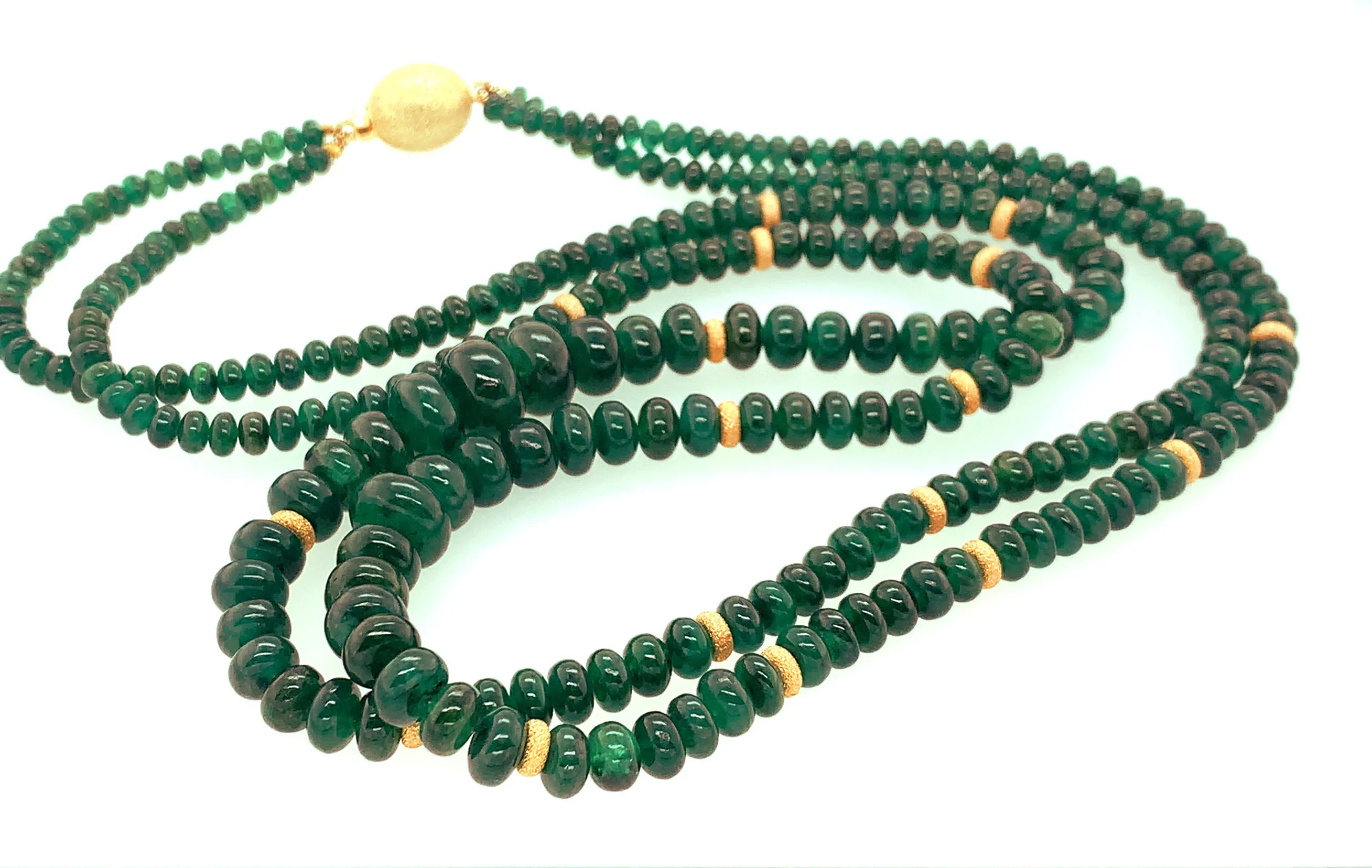 Double Strand of Emerald Disc Beads, Necklace with Yellow Gold Spacers