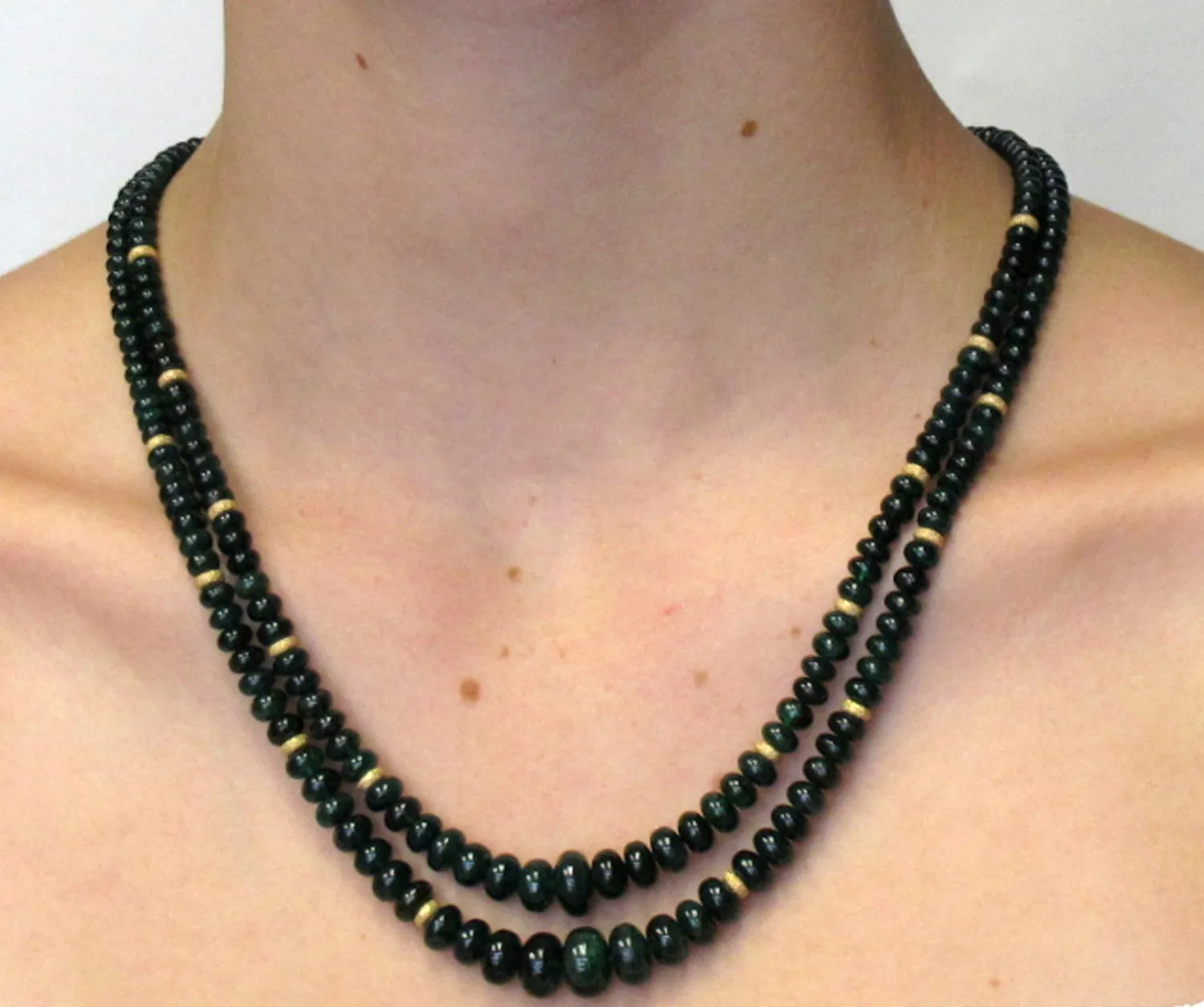 Double Strand of Emerald Disc Beads, Necklace with Yellow Gold Spacers