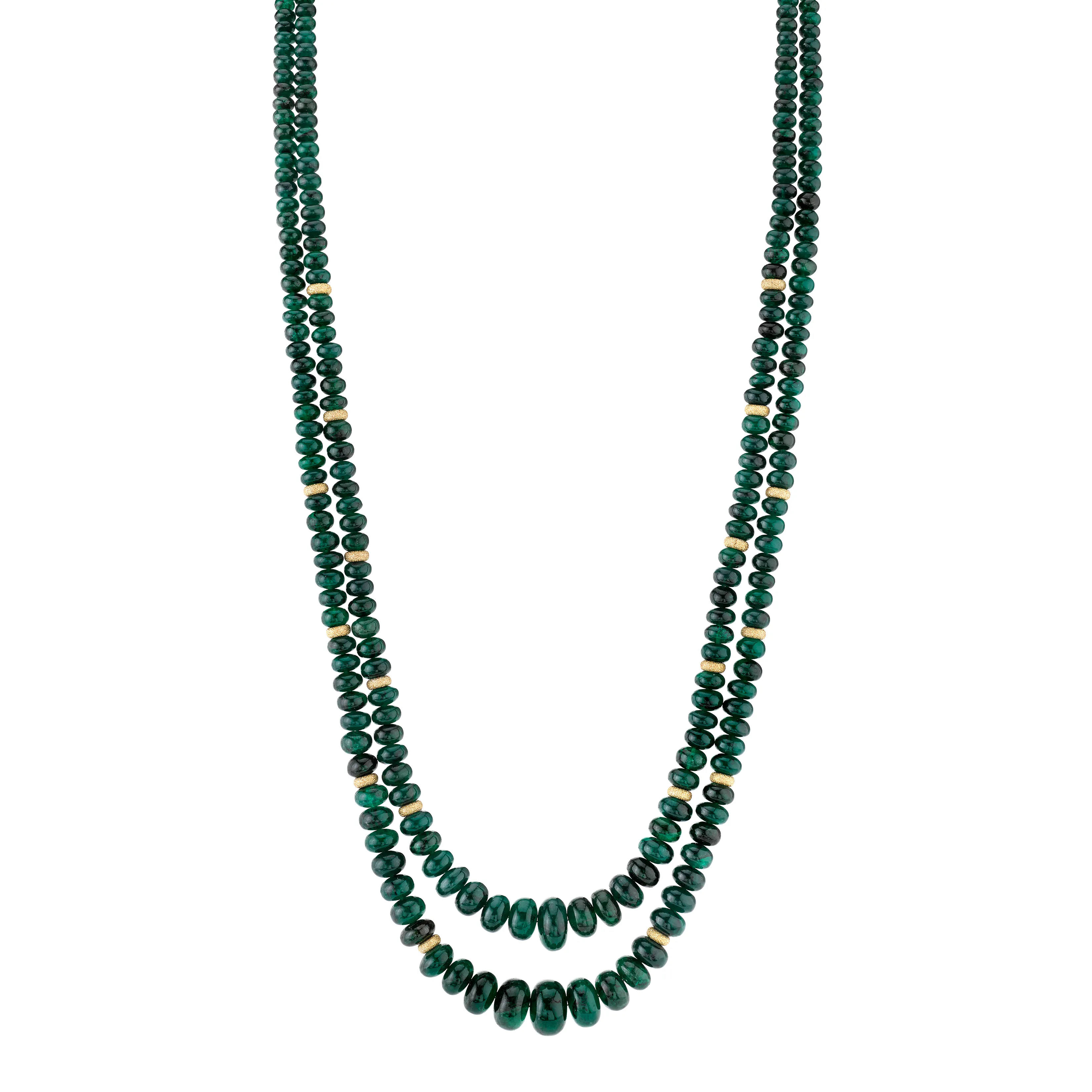 Double Strand of Emerald Disc Beads, Necklace with Yellow Gold Spacers