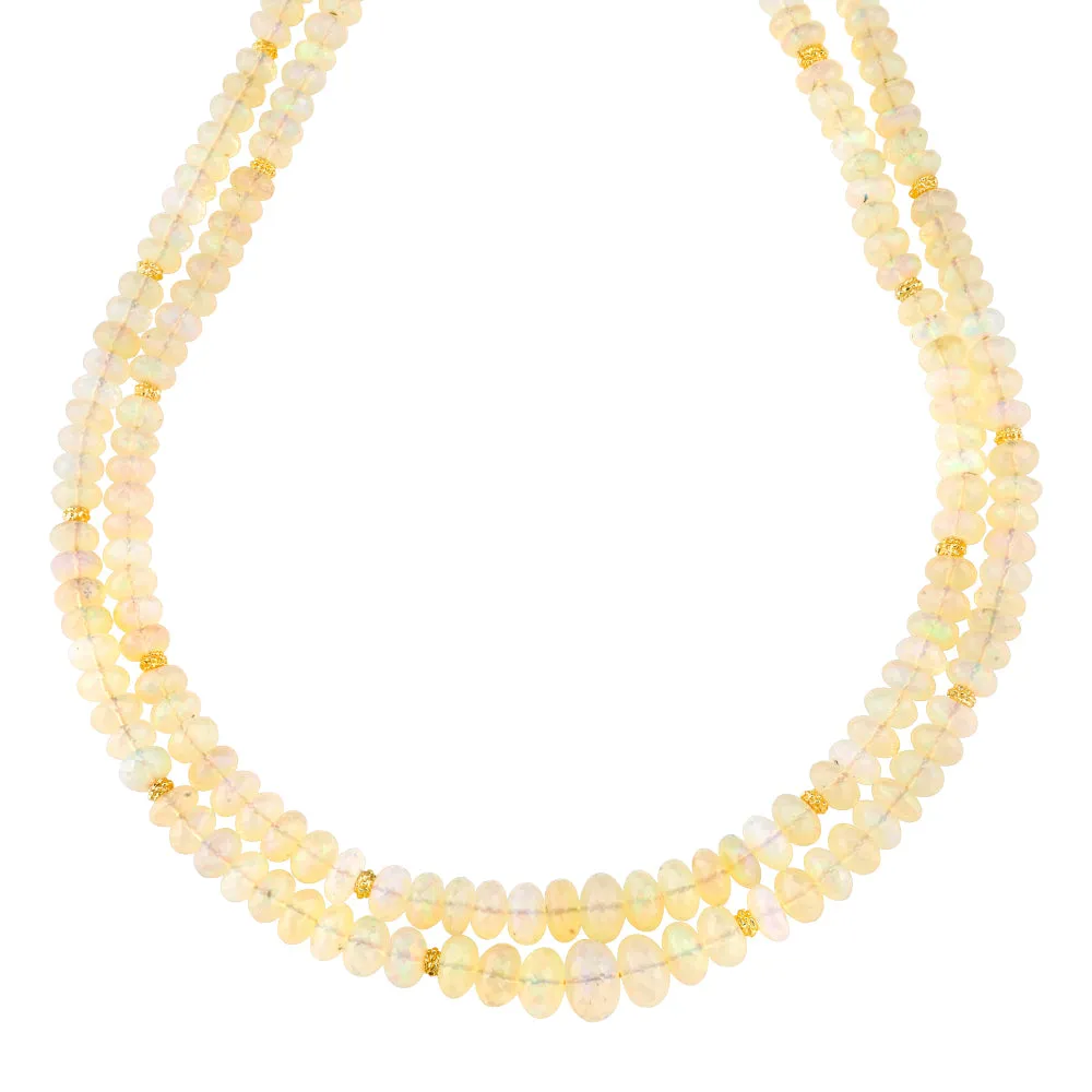 Double Strand Opal Bead Necklace, 170.45 Carat Total, Yellow Gold Accents