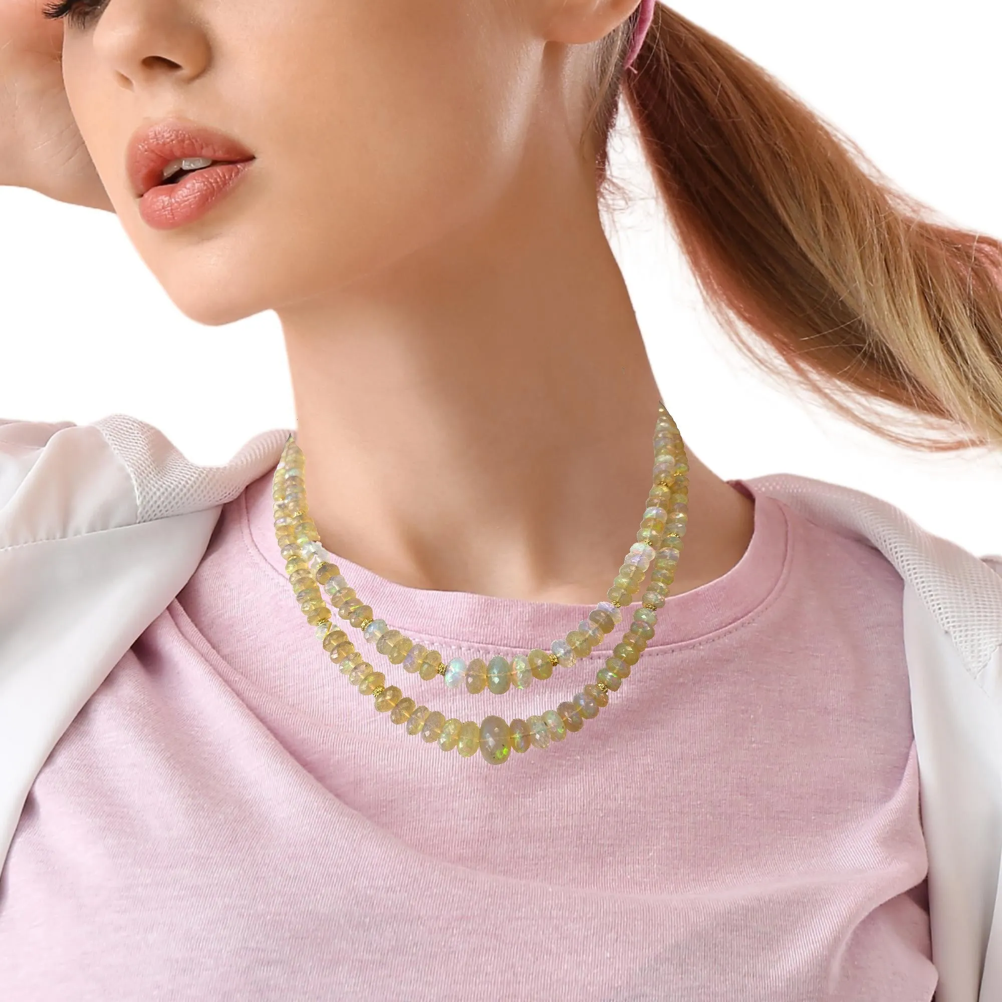 Double Strand Opal Bead Necklace, 170.45 Carat Total, Yellow Gold Accents