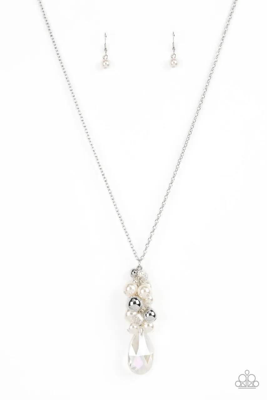 Drip Drop Dazzle - White - Oversized Iridescent Teardrop Crystal Bead and Pearl Paparazzi Long Necklace