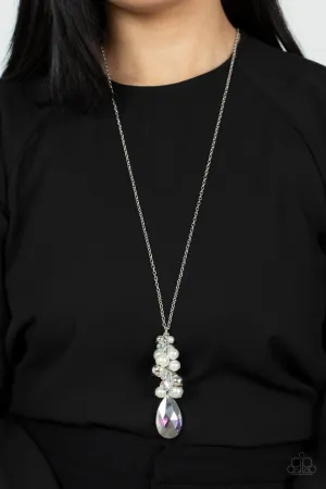 Drip Drop Dazzle - White - Oversized Iridescent Teardrop Crystal Bead and Pearl Paparazzi Long Necklace