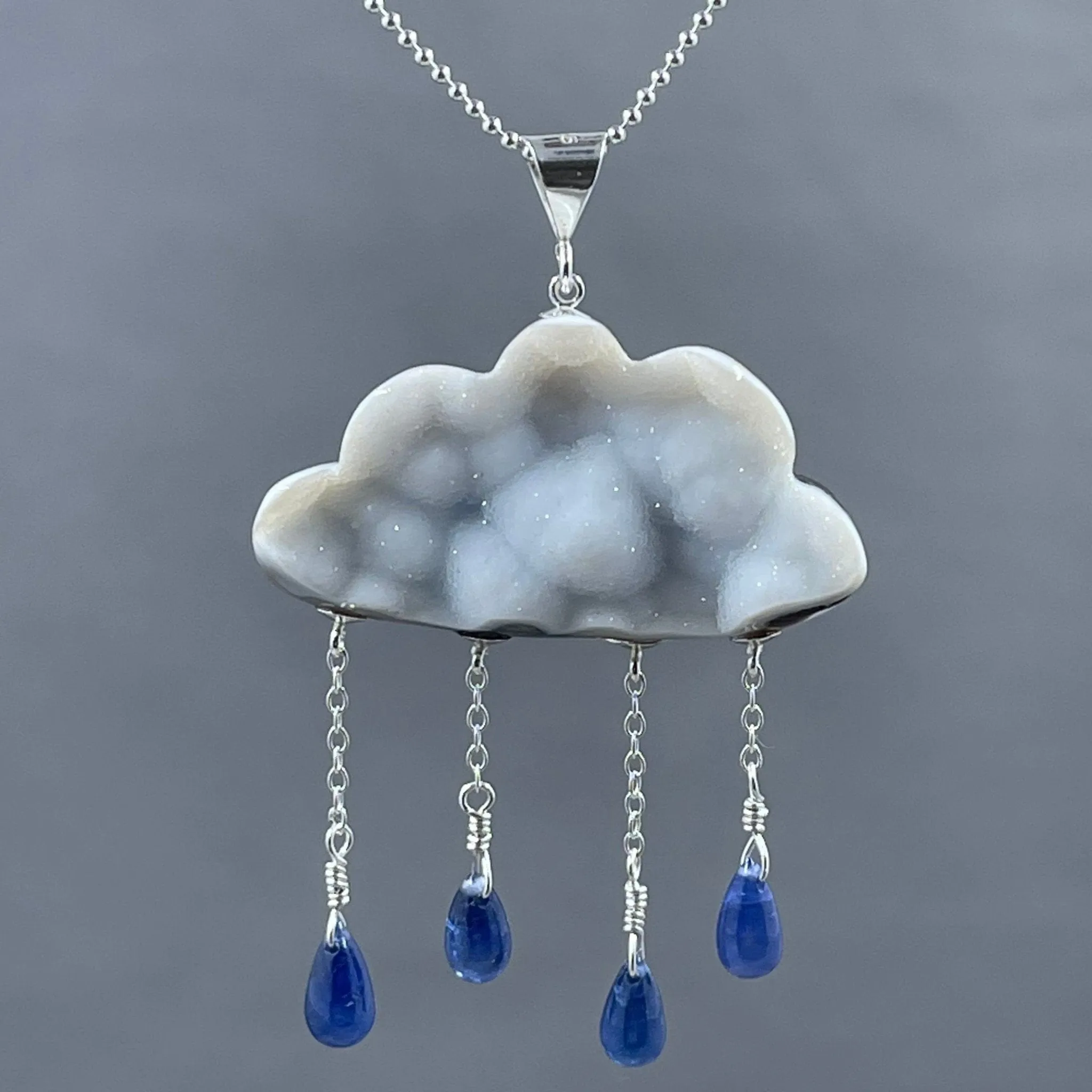Druzy White Cloud with Sapphire Raindrops Necklace