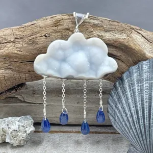 Druzy White Cloud with Sapphire Raindrops Necklace