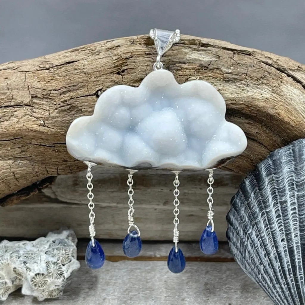 Druzy White Cloud with Sapphire Raindrops Necklace