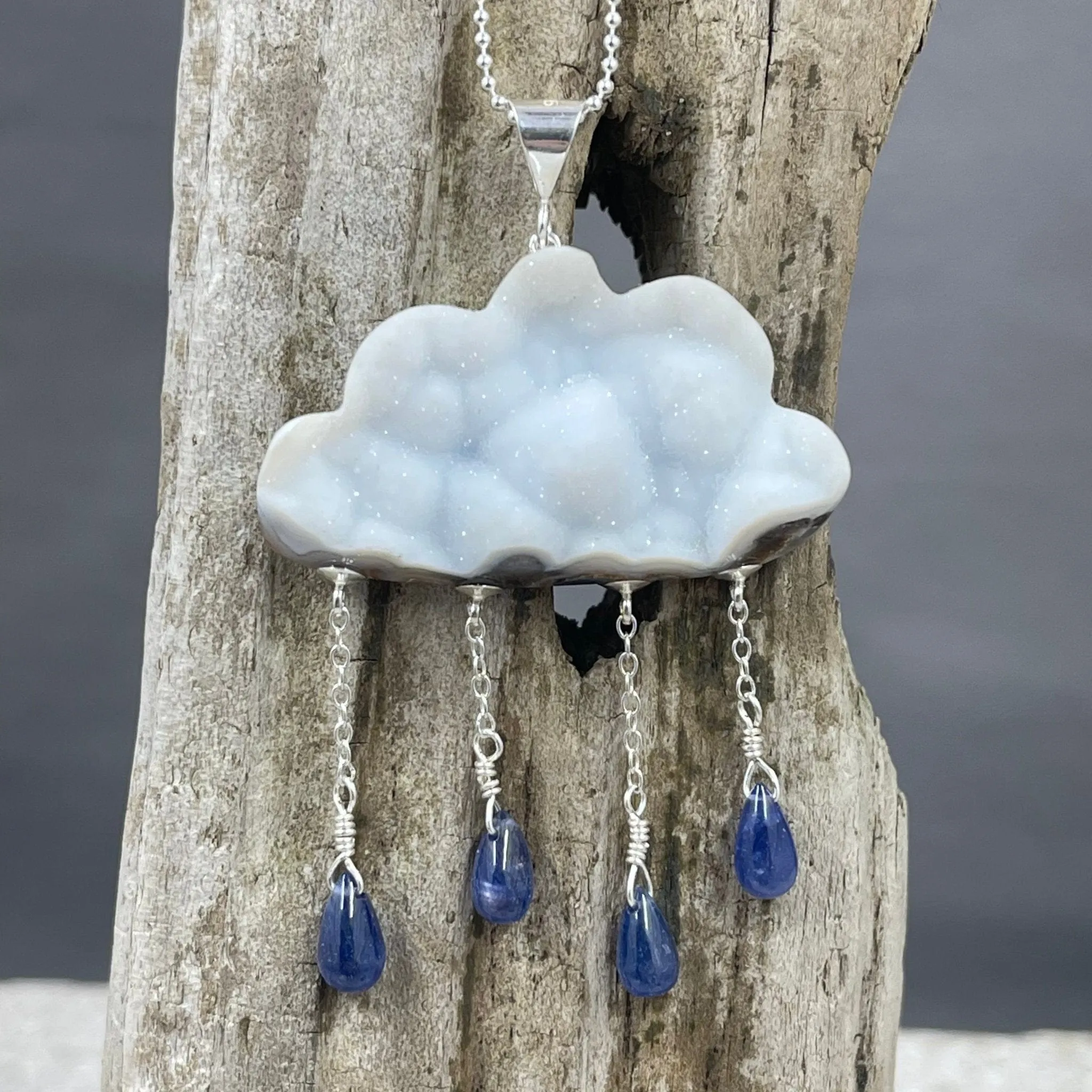Druzy White Cloud with Sapphire Raindrops Necklace