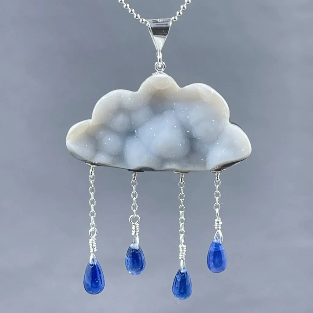 Druzy White Cloud with Sapphire Raindrops Necklace