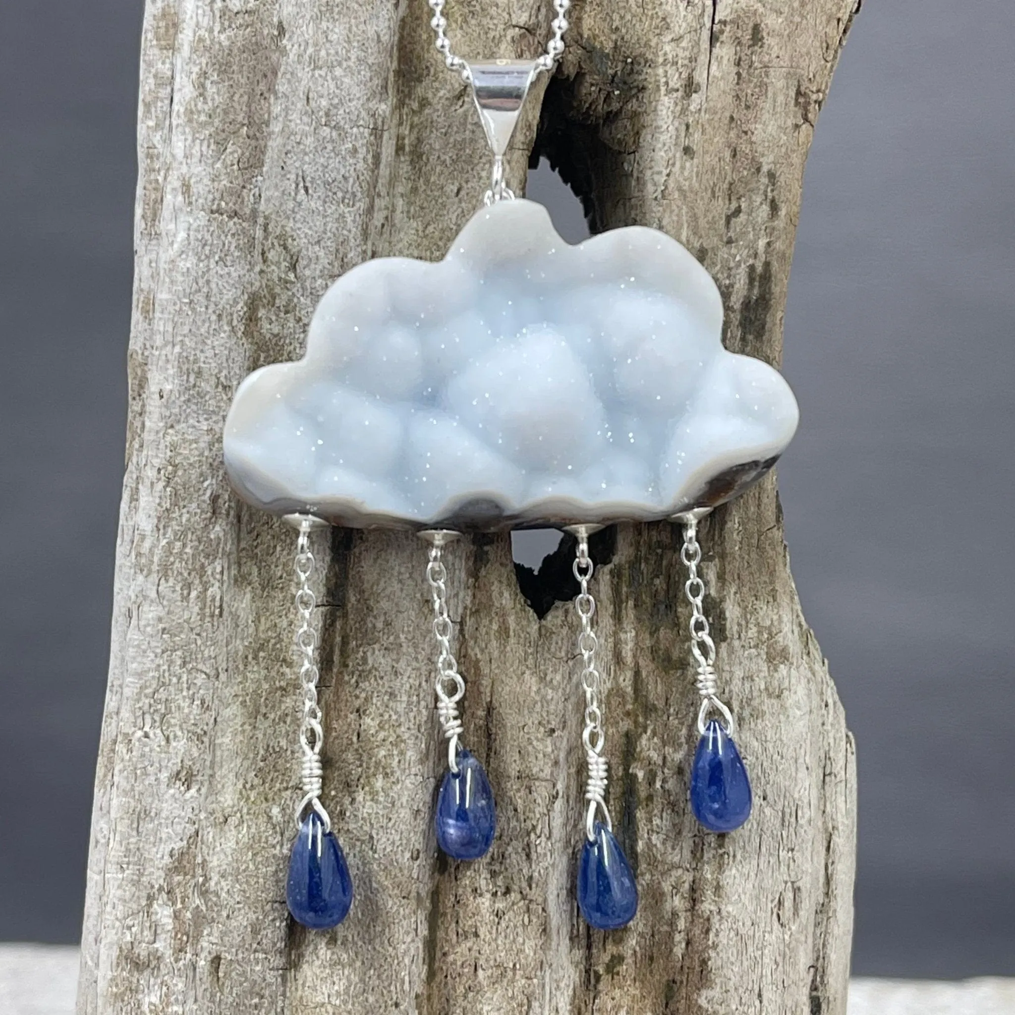 Druzy White Cloud with Sapphire Raindrops Necklace