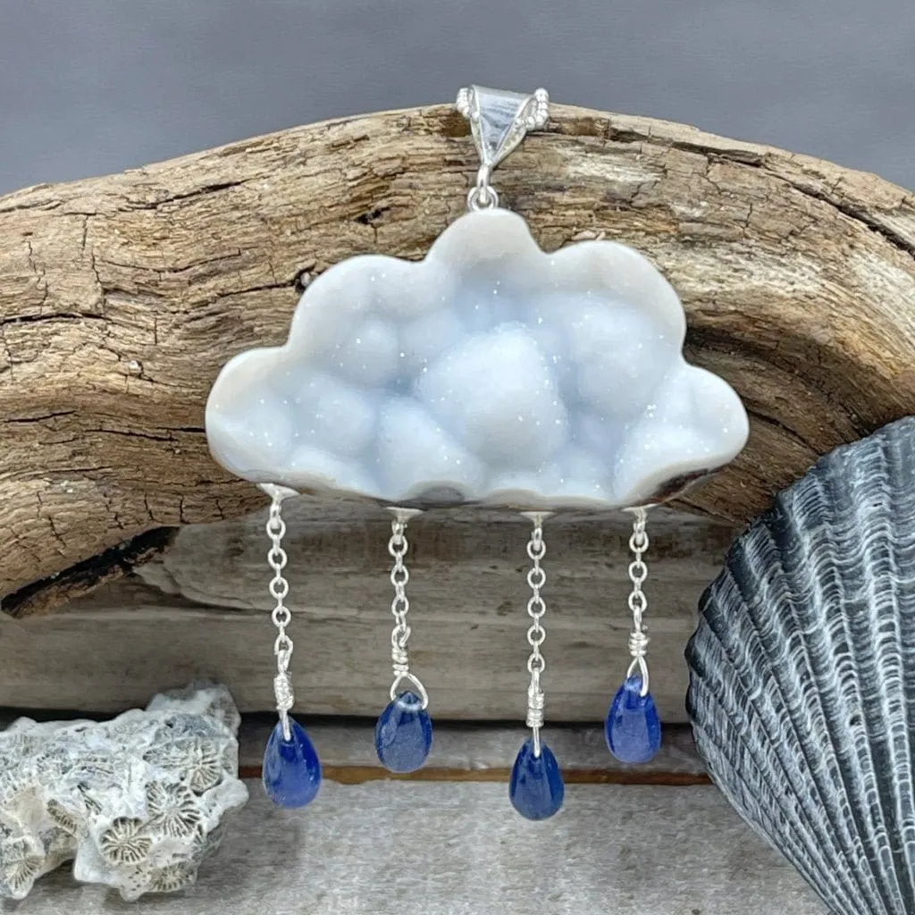 Druzy White Cloud with Sapphire Raindrops Necklace