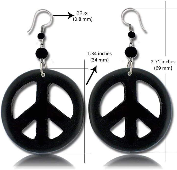 Earth Accessories Peace Sign Dangle Earrings with Organic Wood - Earring Hippie Accessories and Hippie Costume for 60s or 70s