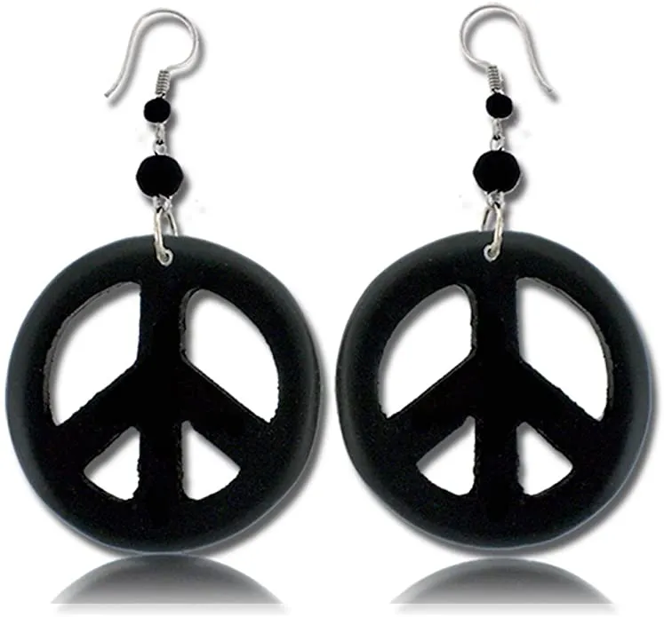 Earth Accessories Peace Sign Dangle Earrings with Organic Wood - Earring Hippie Accessories and Hippie Costume for 60s or 70s