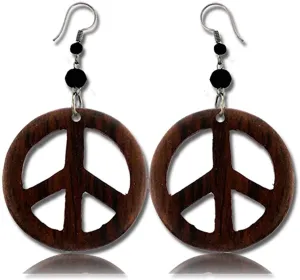 Earth Accessories Peace Sign Dangle Earrings with Organic Wood - Earring Hippie Accessories and Hippie Costume for 60s or 70s