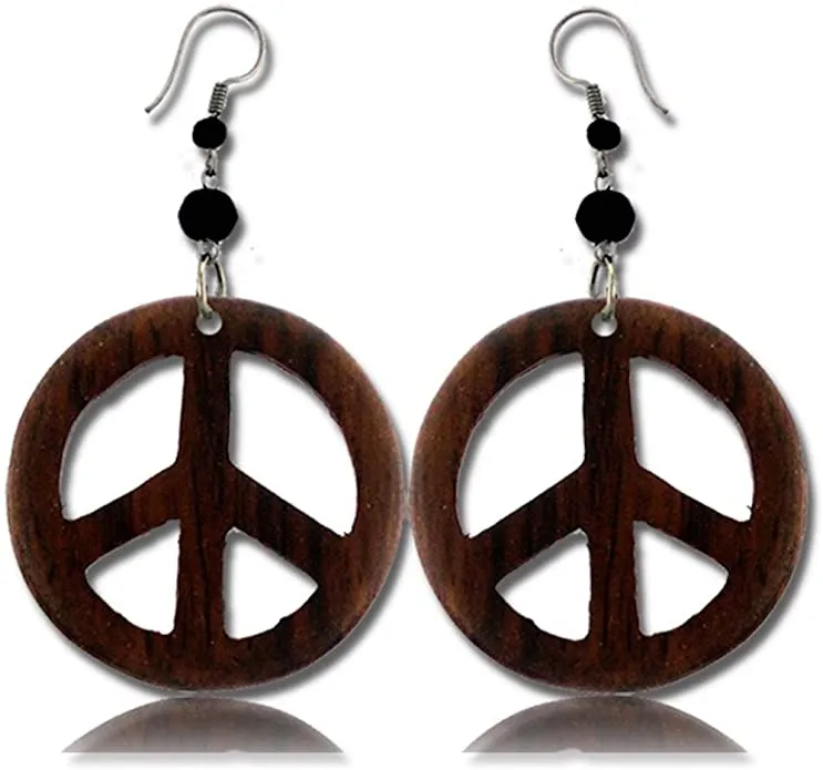 Earth Accessories Peace Sign Dangle Earrings with Organic Wood - Earring Hippie Accessories and Hippie Costume for 60s or 70s