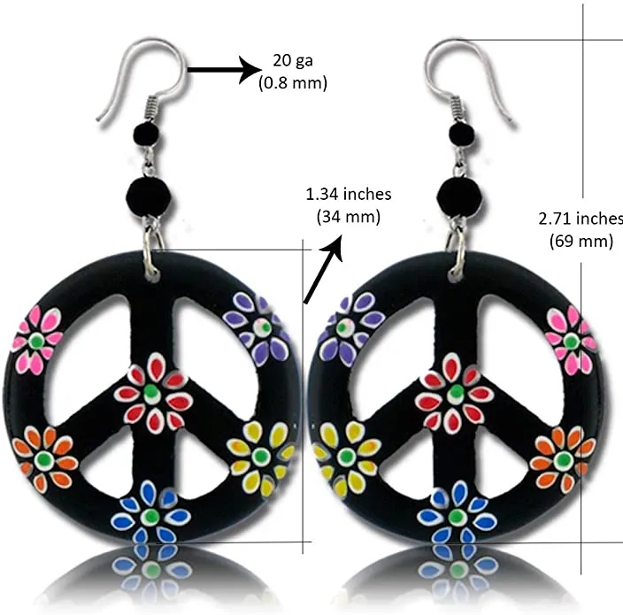 Earth Accessories Peace Sign Dangle Earrings with Organic Wood - Earring Hippie Accessories and Hippie Costume for 60s or 70s