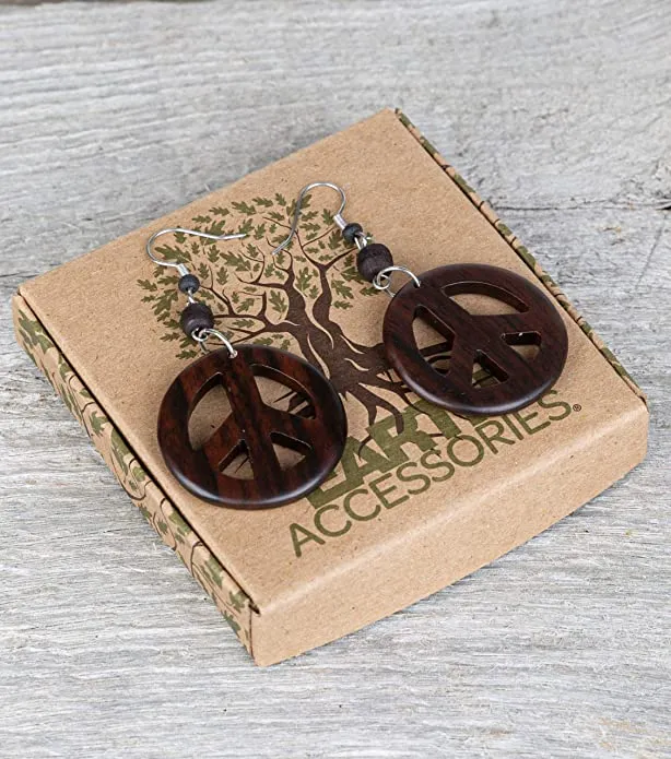 Earth Accessories Peace Sign Dangle Earrings with Organic Wood - Earring Hippie Accessories and Hippie Costume for 60s or 70s