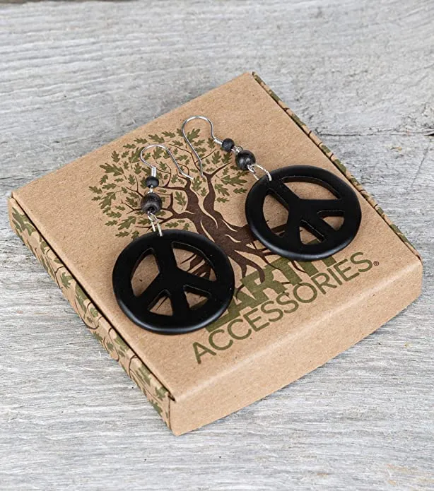 Earth Accessories Peace Sign Dangle Earrings with Organic Wood - Earring Hippie Accessories and Hippie Costume for 60s or 70s