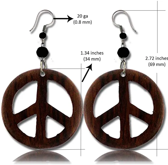 Earth Accessories Peace Sign Dangle Earrings with Organic Wood - Earring Hippie Accessories and Hippie Costume for 60s or 70s