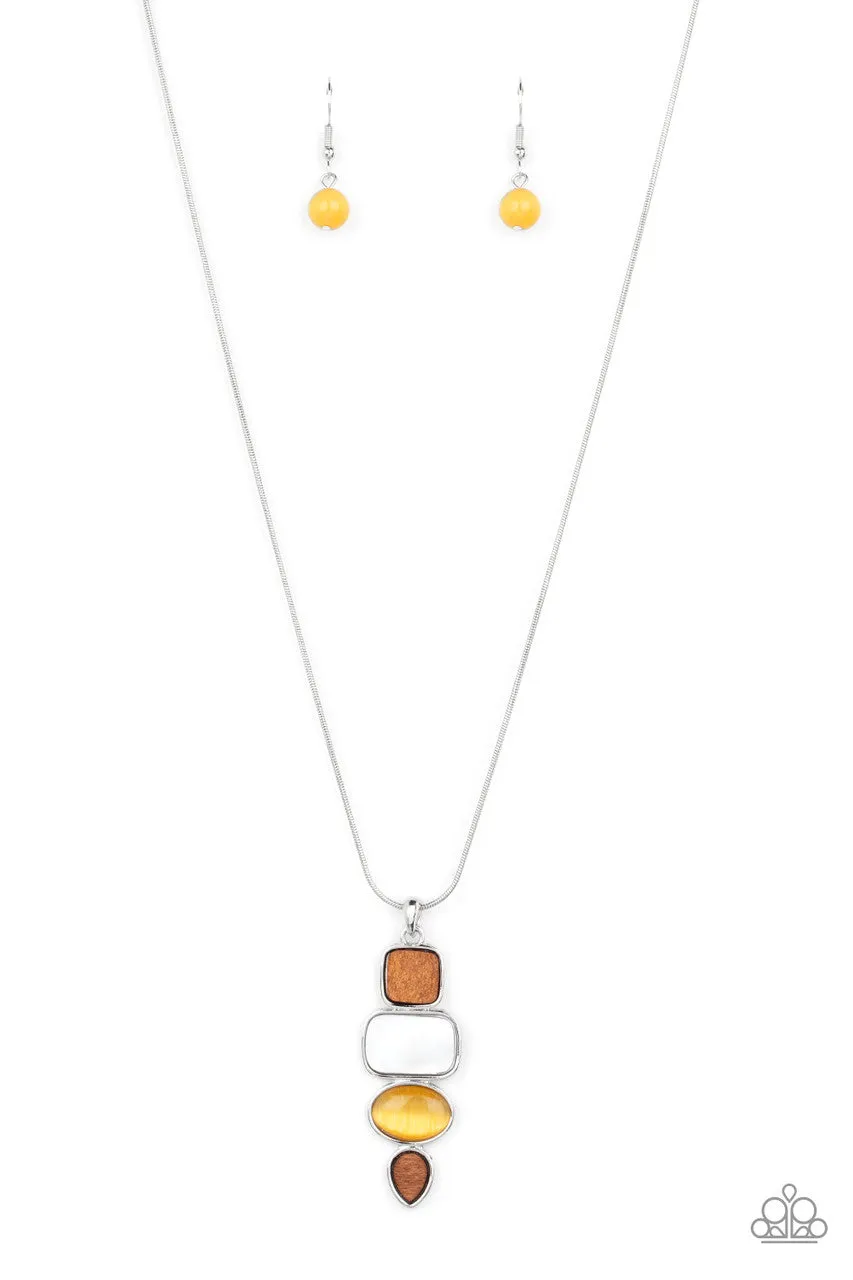 Elemental Energy - Yellow - Cat's Eye and White Stone Earthy Pendant Paparazzi Short Necklace