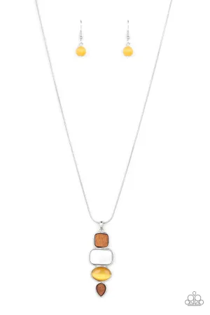 Elemental Energy - Yellow - Cat's Eye and White Stone Earthy Pendant Paparazzi Short Necklace
