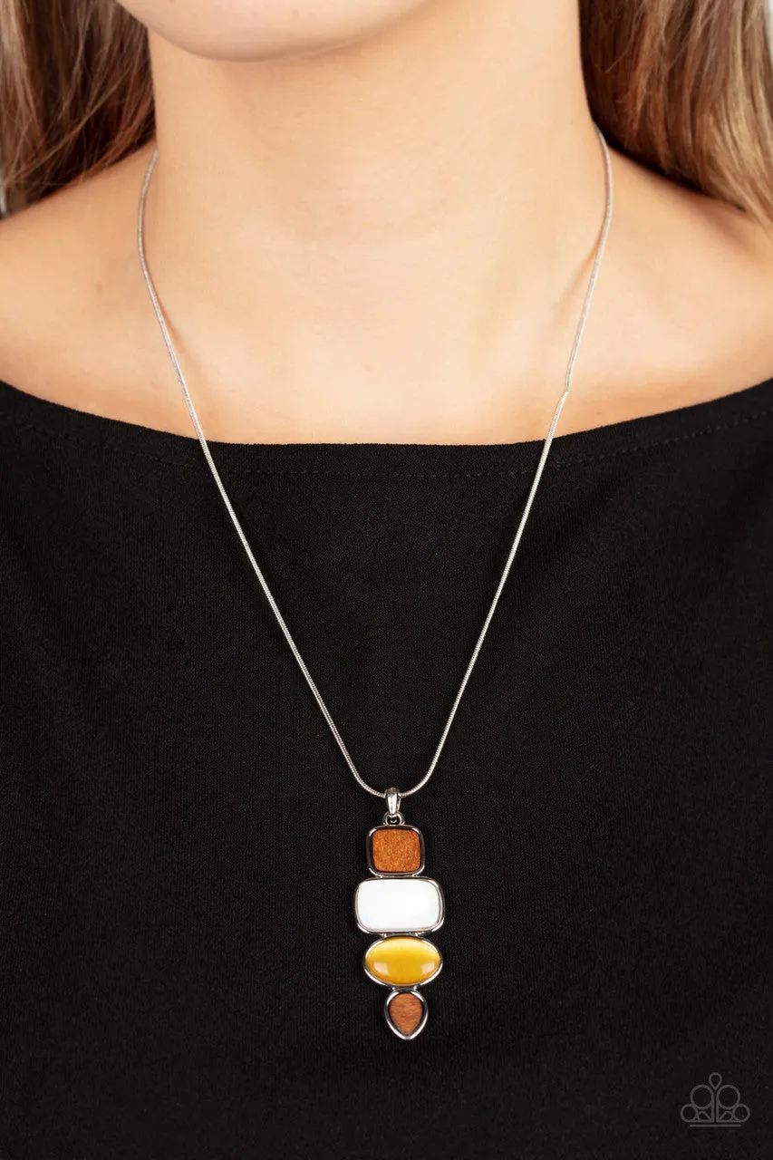 Elemental Energy - Yellow - Cat's Eye and White Stone Earthy Pendant Paparazzi Short Necklace