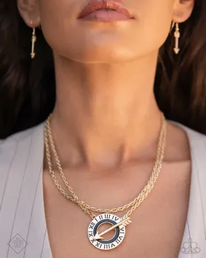 Embodying Enjoyment - Gold - Roman Numeral Black Painted Ring Arrow Toggle Paparazzi Necklace - September 2024 Sunset Sightings