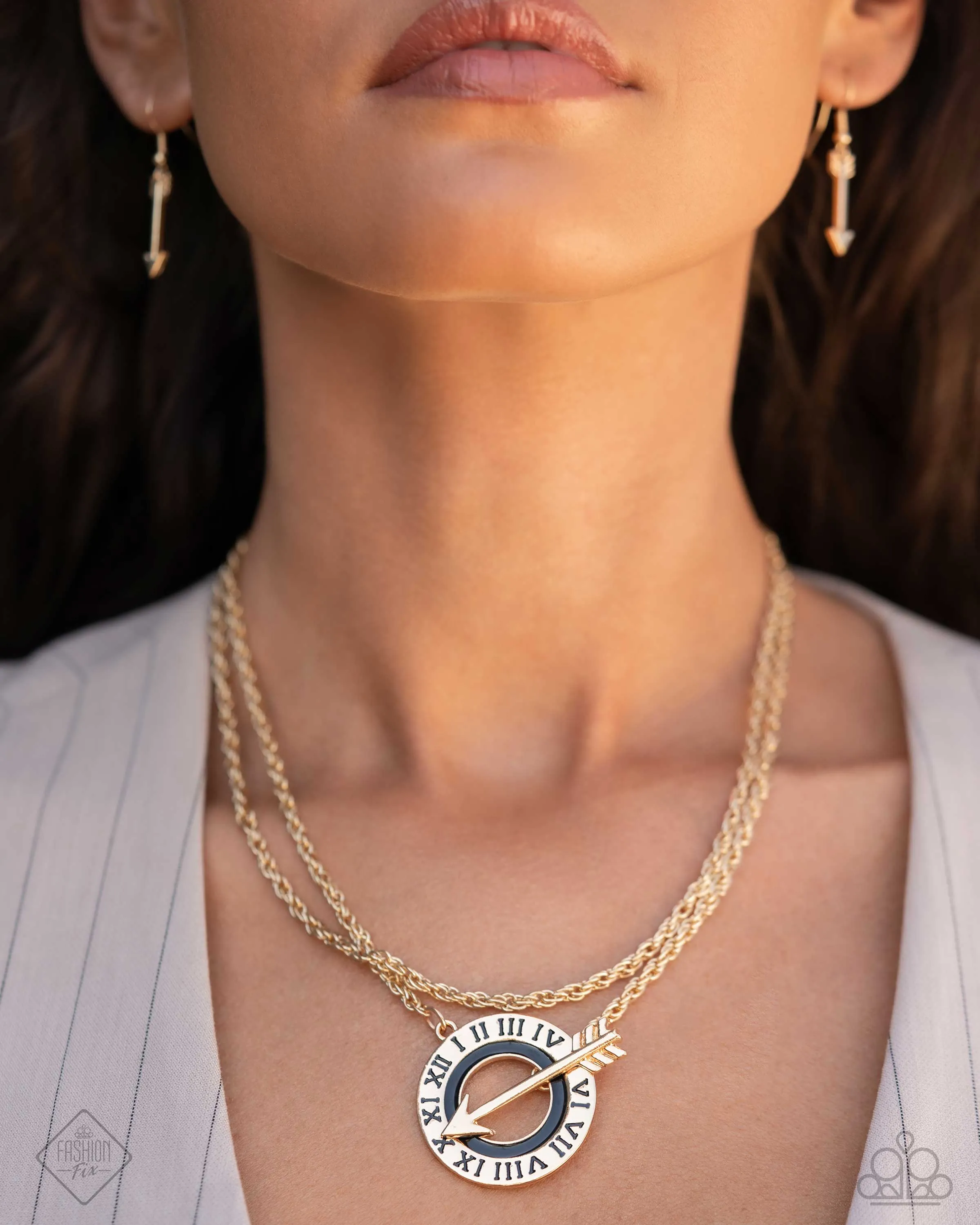 Embodying Enjoyment - Gold - Roman Numeral Black Painted Ring Arrow Toggle Paparazzi Necklace - September 2024 Sunset Sightings