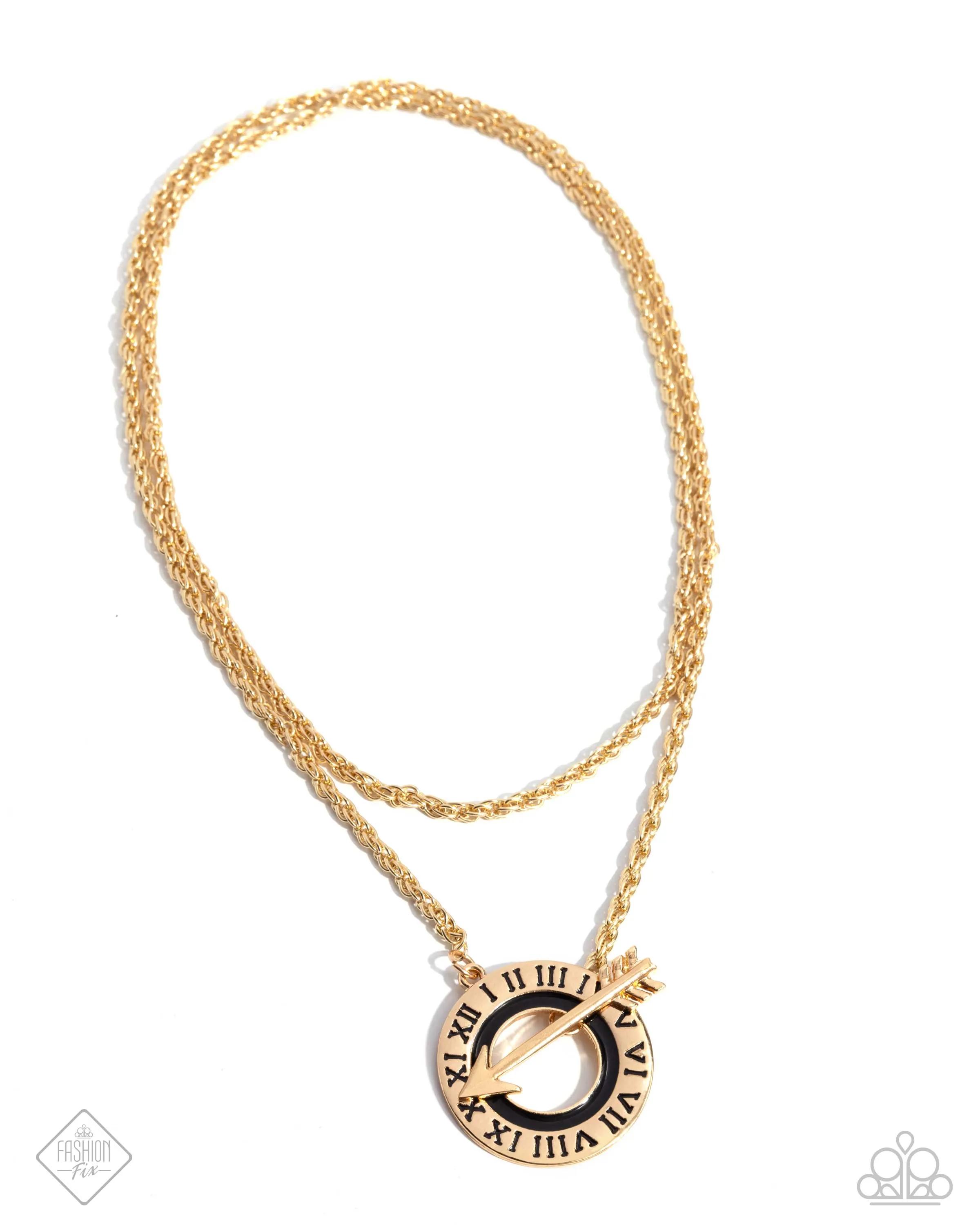 Embodying Enjoyment - Gold - Roman Numeral Black Painted Ring Arrow Toggle Paparazzi Necklace - September 2024 Sunset Sightings