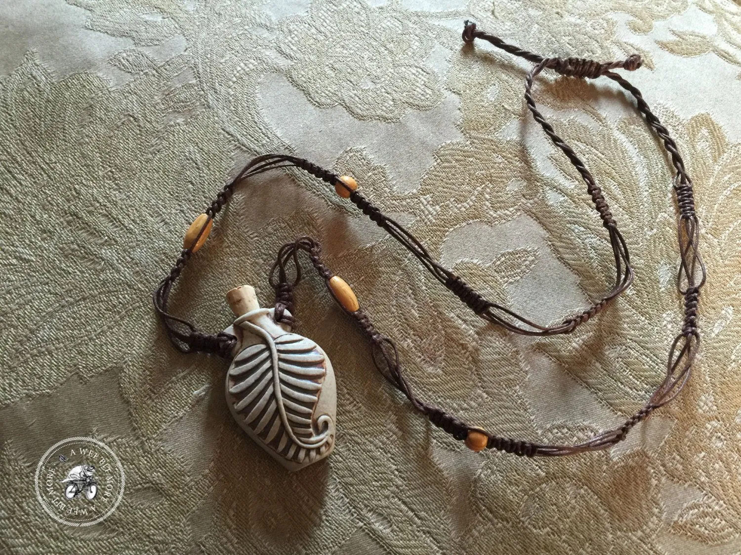 Essential Oils Macramé Necklace – Palm Leaf Clay Pendant
