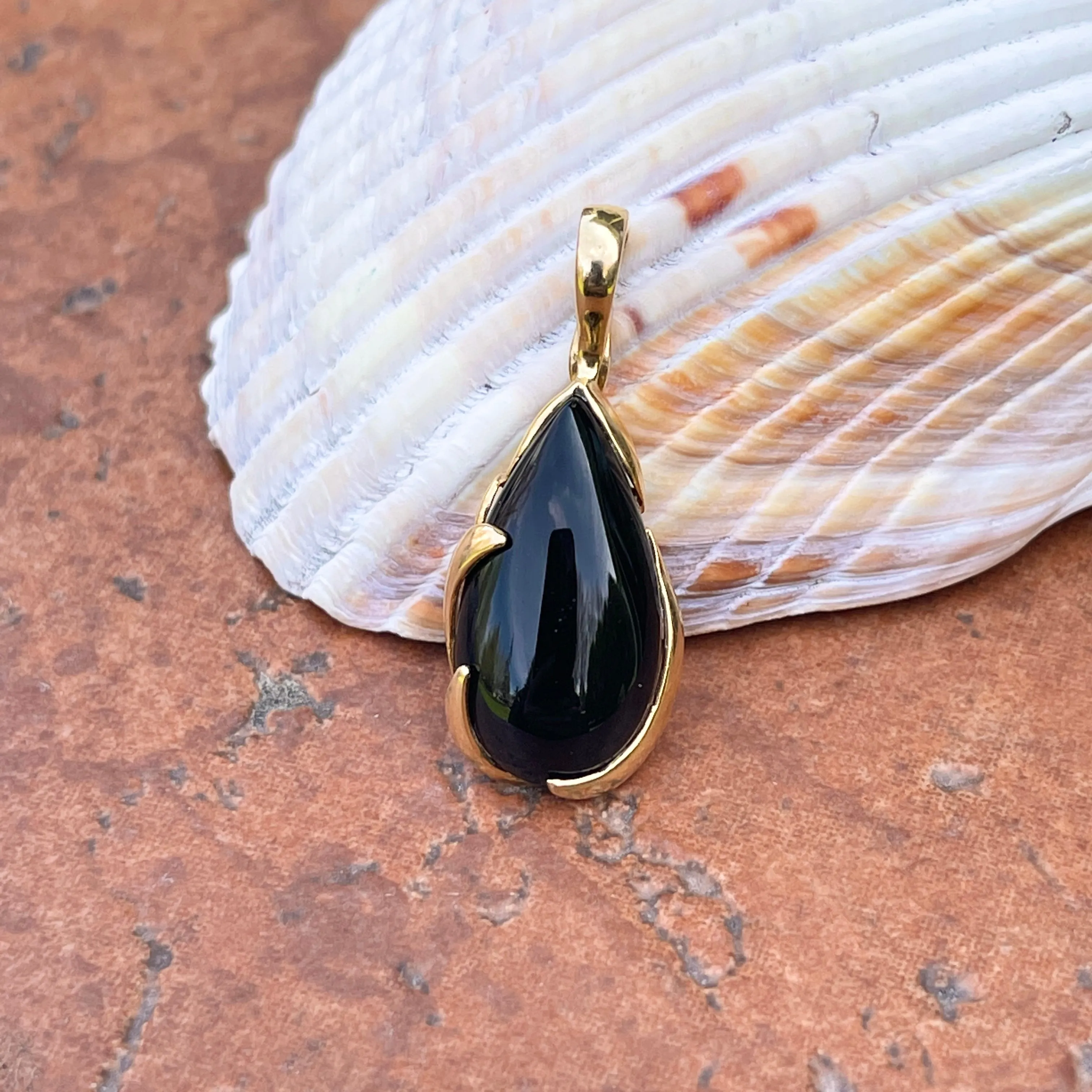 Estate 14KT Yellow Gold Detailed Black Onyx Teardrop Pendant Omega Slide