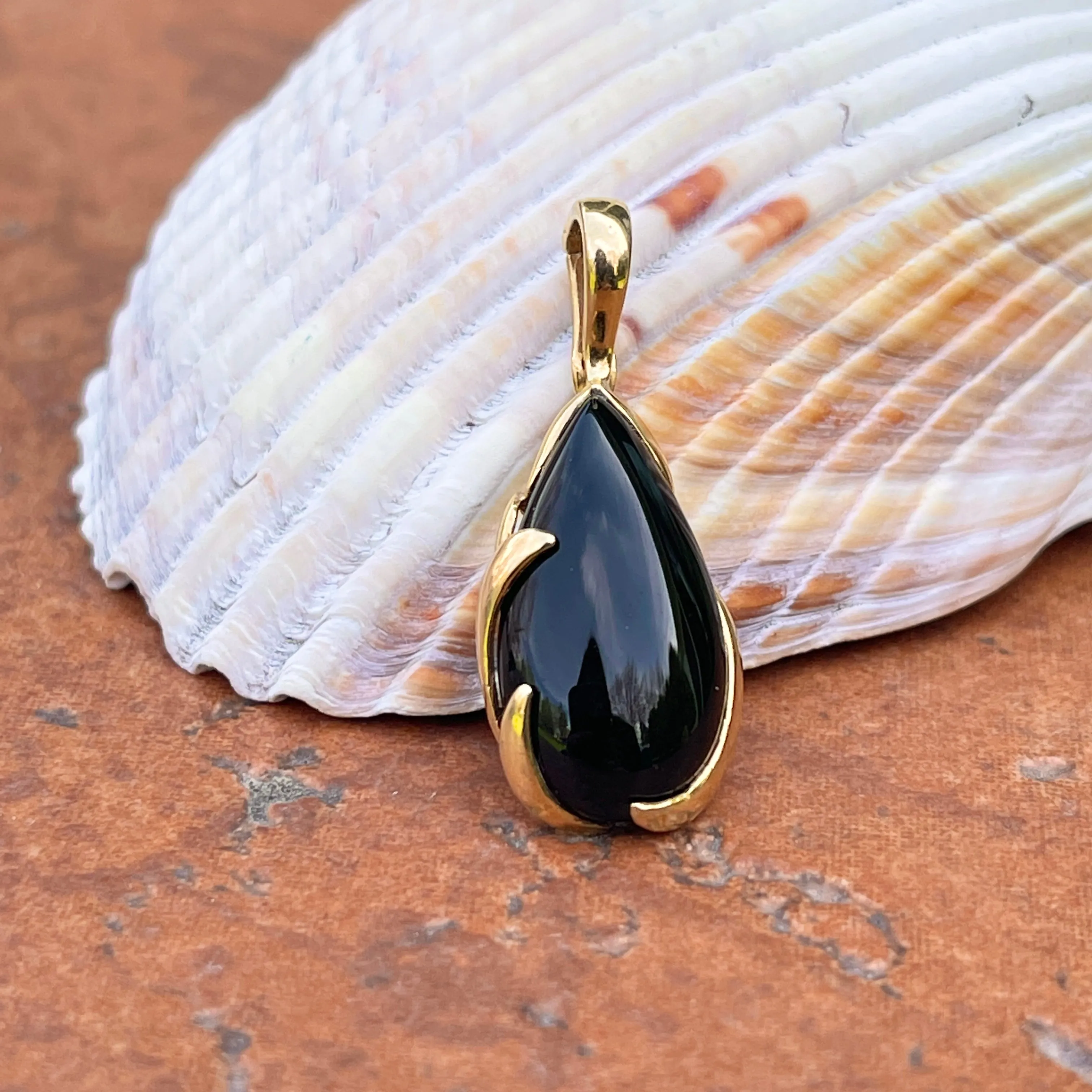 Estate 14KT Yellow Gold Detailed Black Onyx Teardrop Pendant Omega Slide