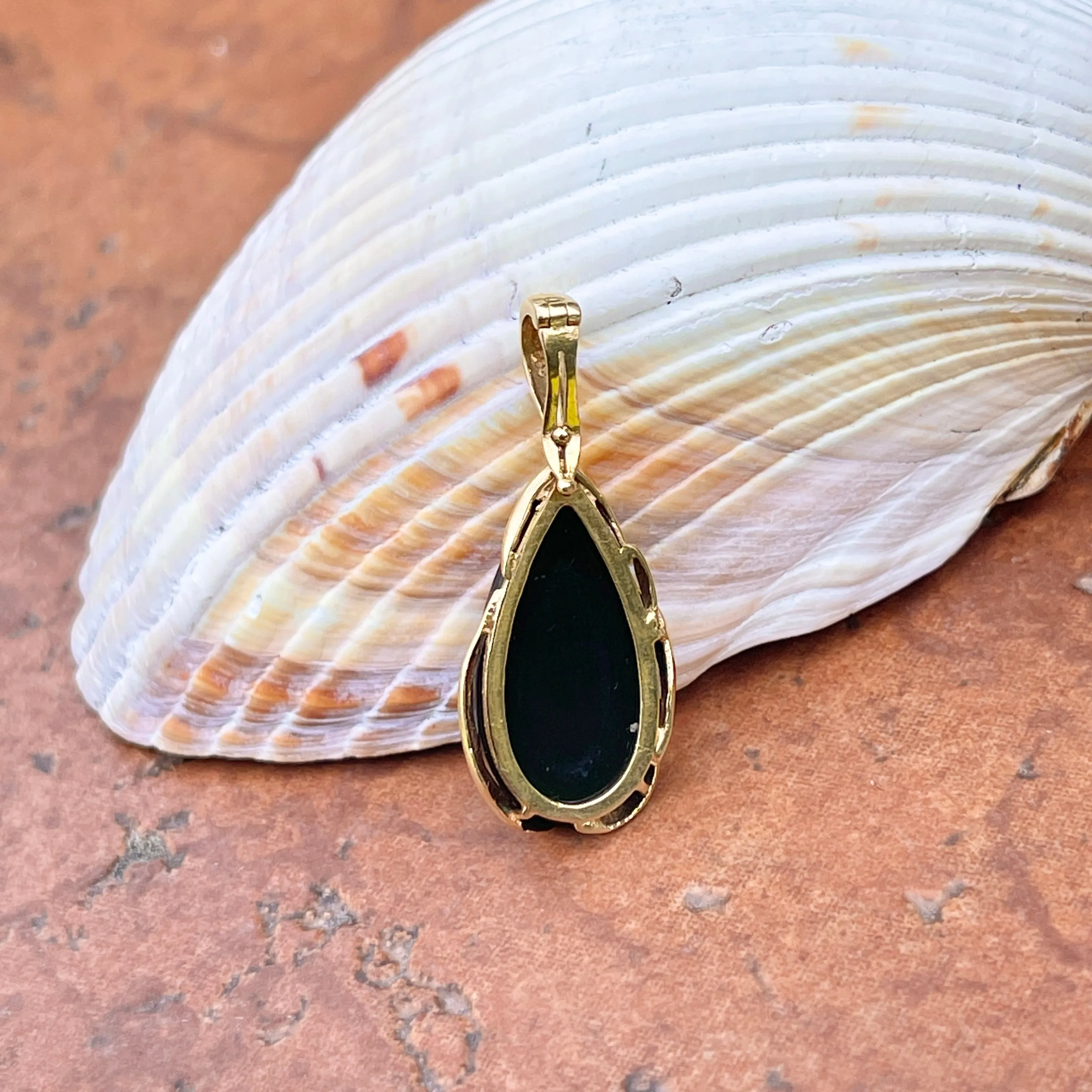 Estate 14KT Yellow Gold Detailed Black Onyx Teardrop Pendant Omega Slide