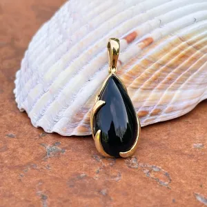 Estate 14KT Yellow Gold Detailed Black Onyx Teardrop Pendant Omega Slide