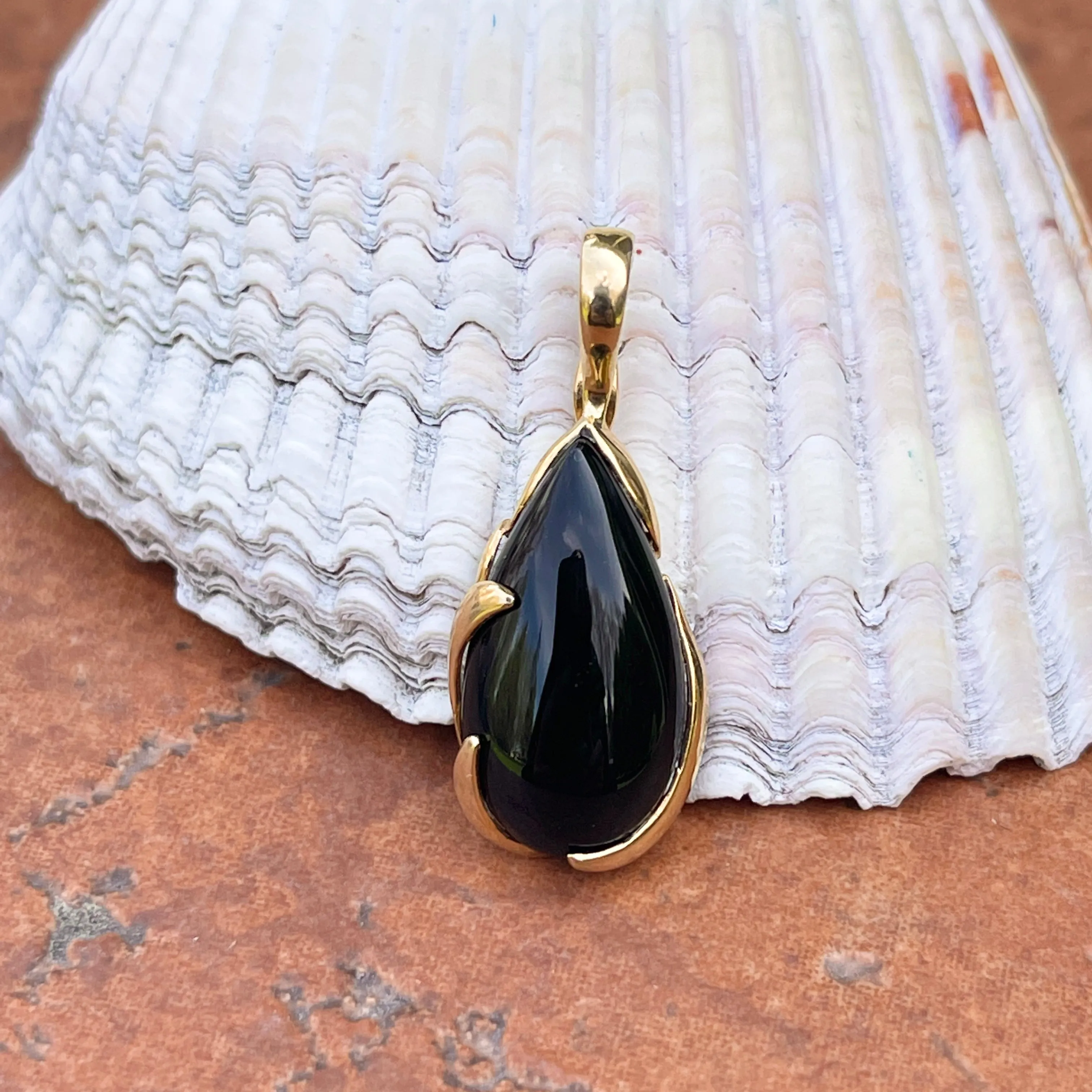 Estate 14KT Yellow Gold Detailed Black Onyx Teardrop Pendant Omega Slide