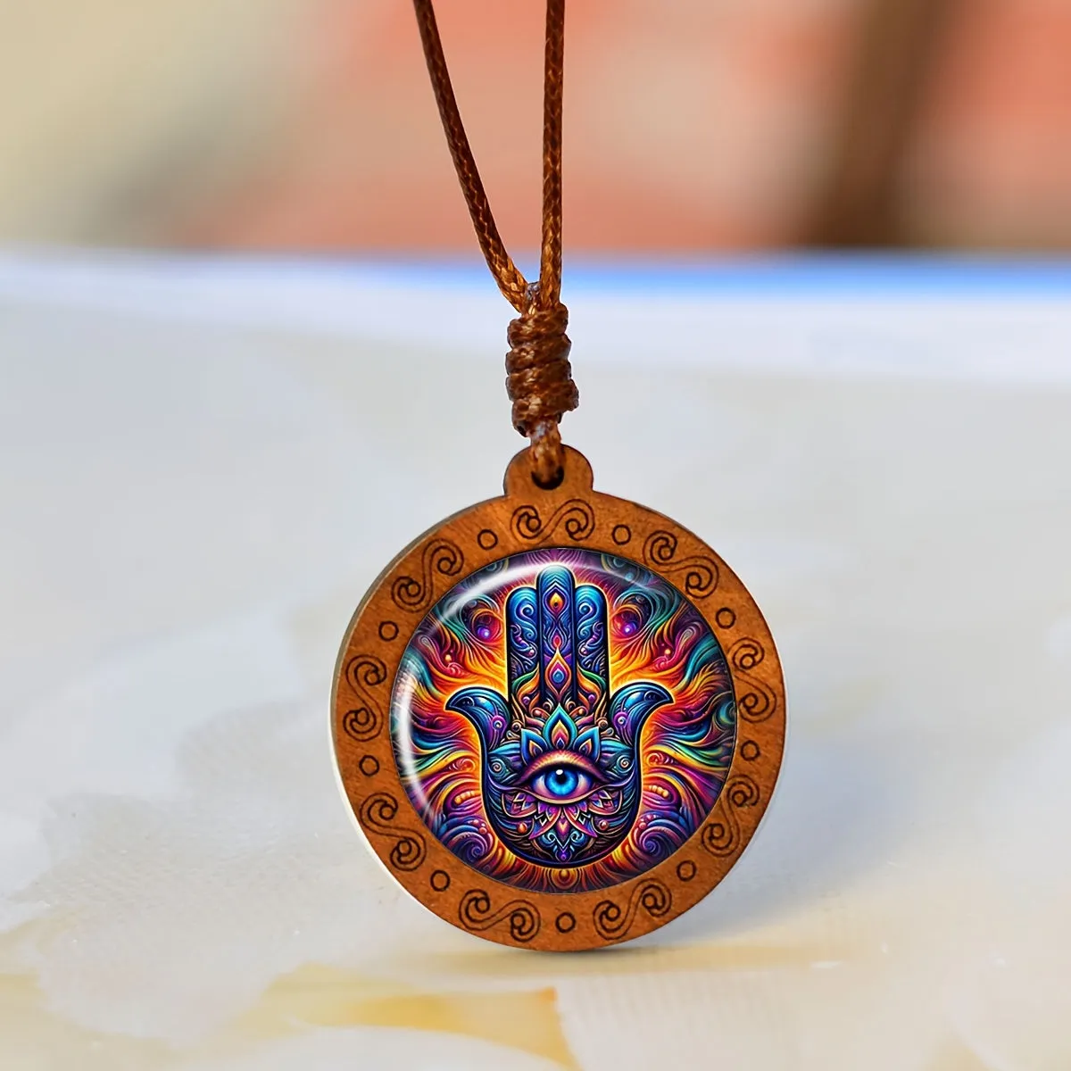 Evil Eye Glass & Wooden Pendant Necklace Retro Punk Style Gift