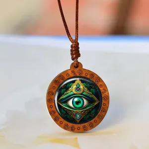 Evil Eye Glass & Wooden Pendant Necklace Retro Punk Style Gift