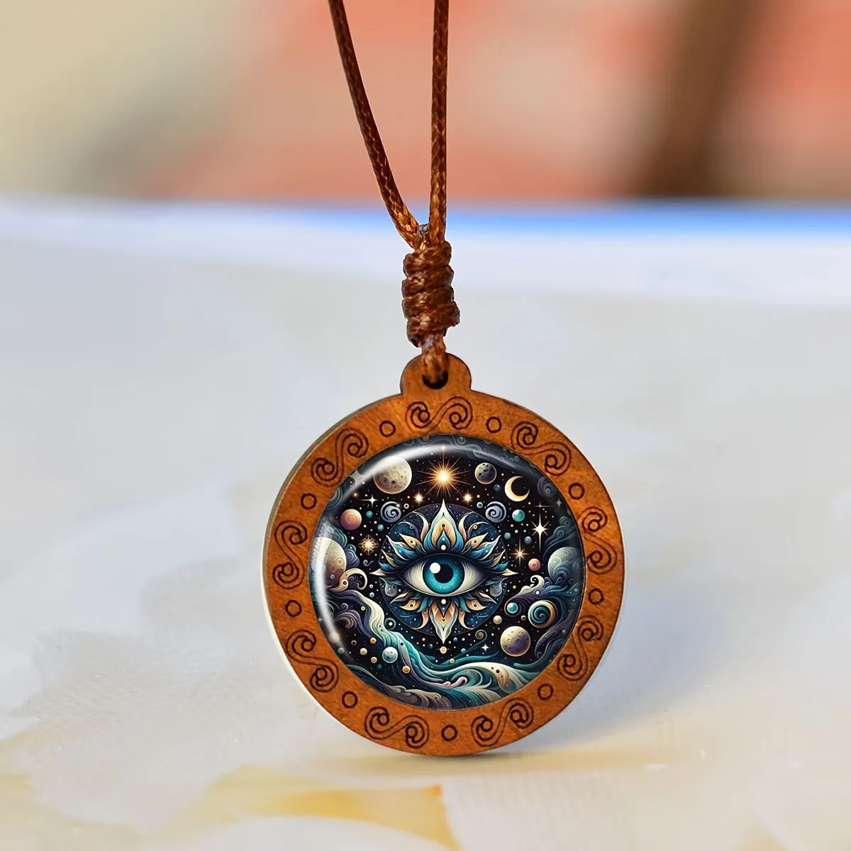 Evil Eye Glass & Wooden Pendant Necklace Retro Punk Style Gift