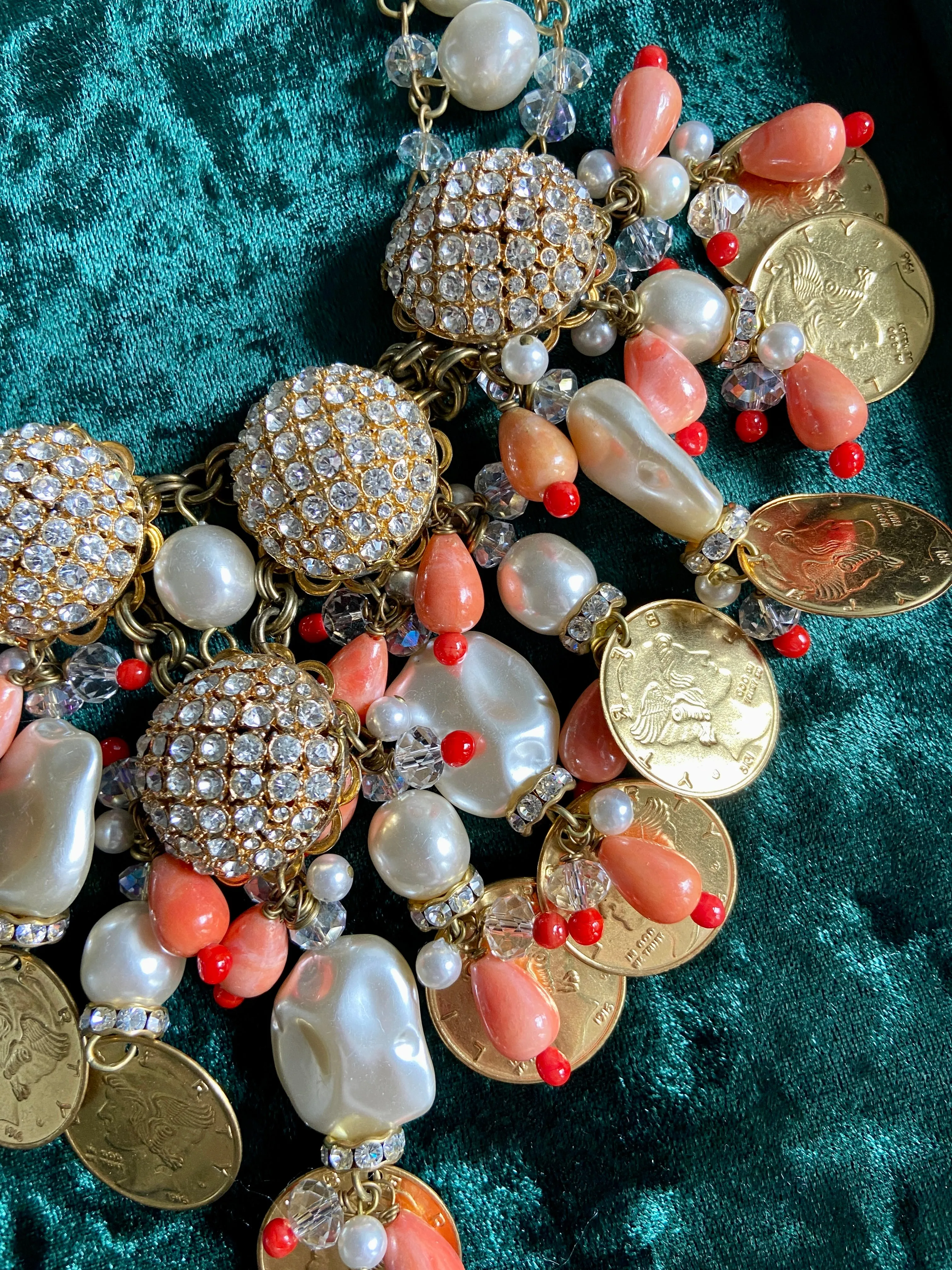 Fabulous Designer VRBA Gold Coin and Pearl Statement Necklace