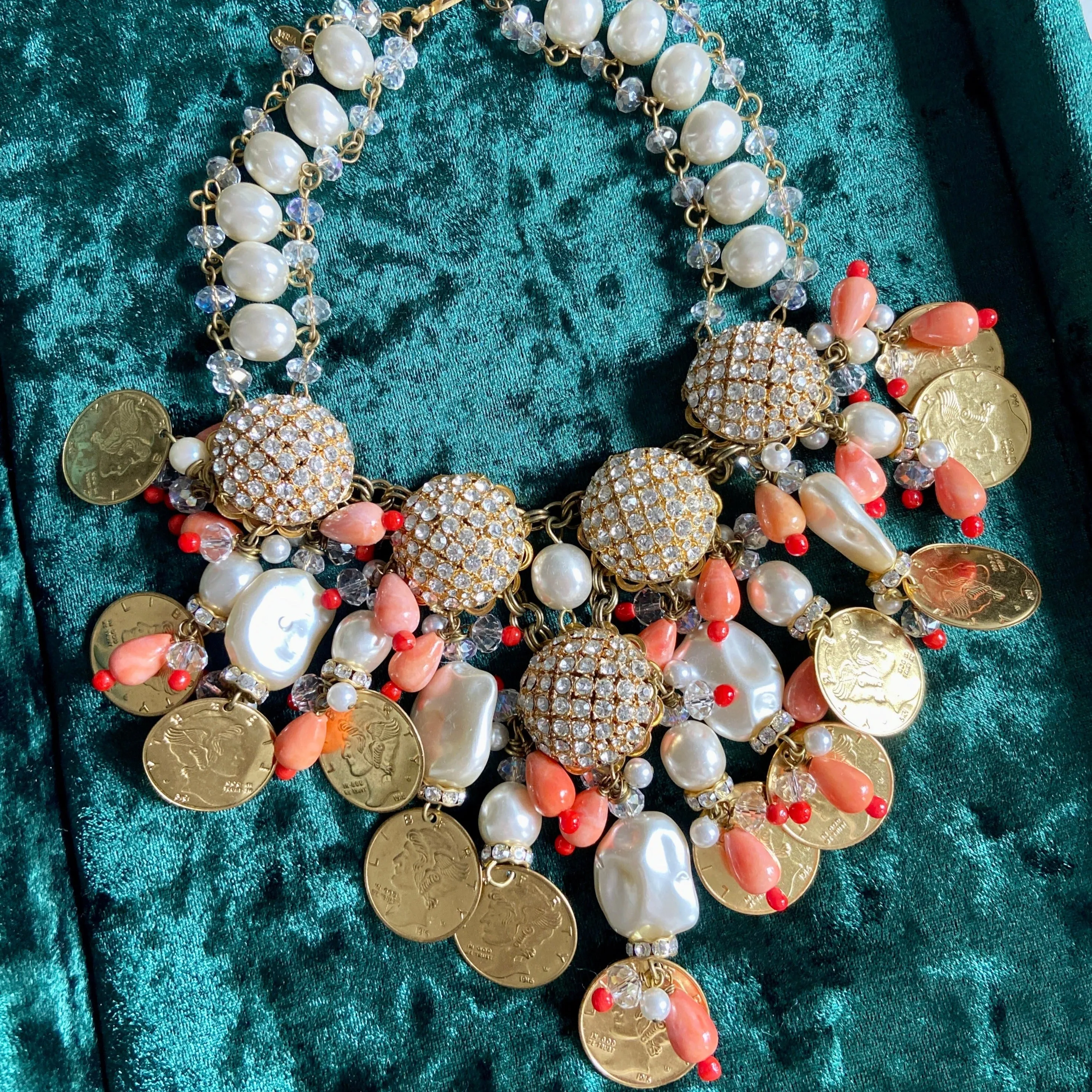 Fabulous Designer VRBA Gold Coin and Pearl Statement Necklace