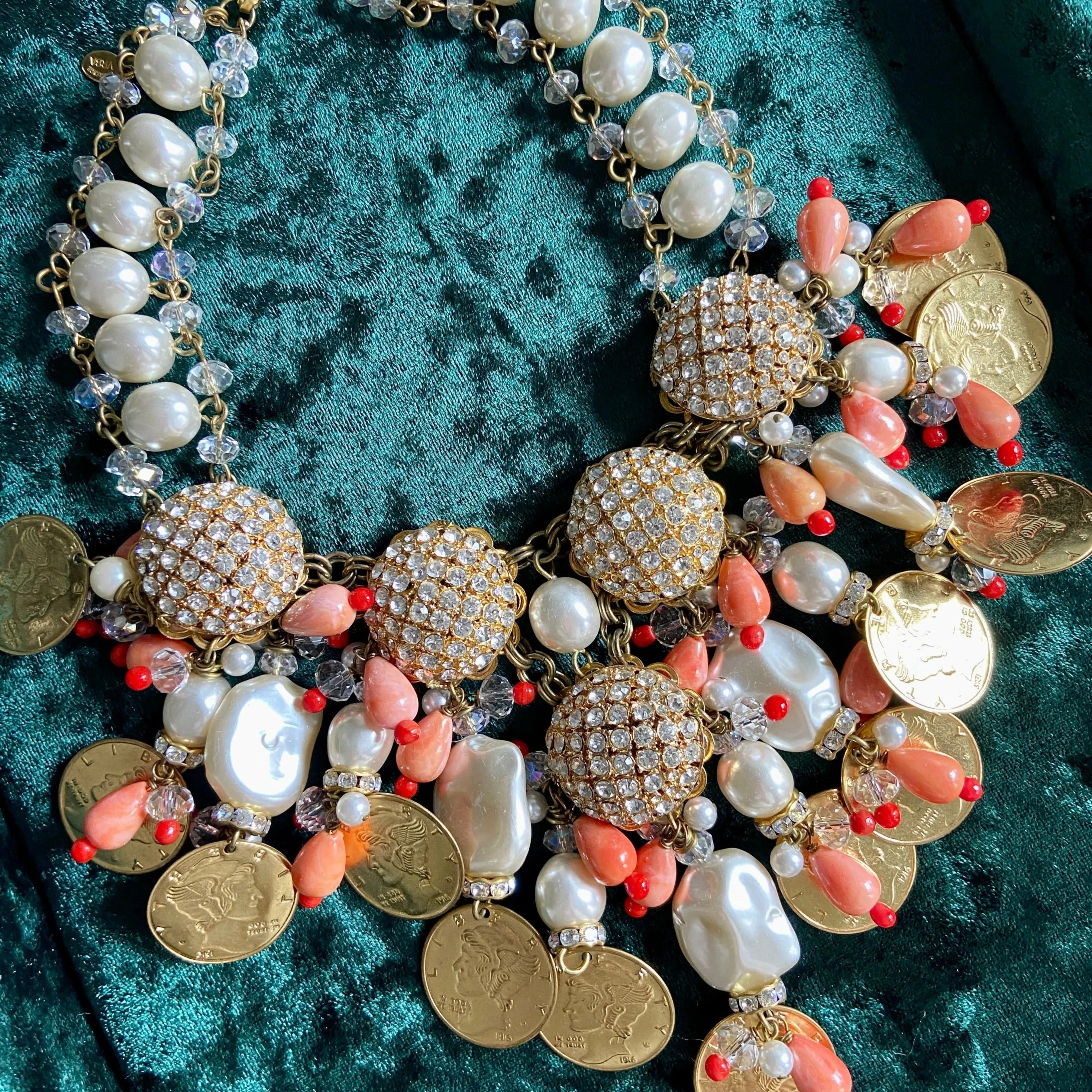 Fabulous Designer VRBA Gold Coin and Pearl Statement Necklace