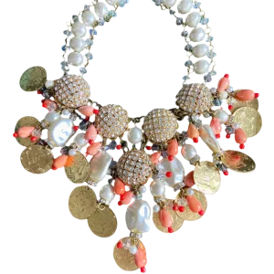 Fabulous Designer VRBA Gold Coin and Pearl Statement Necklace