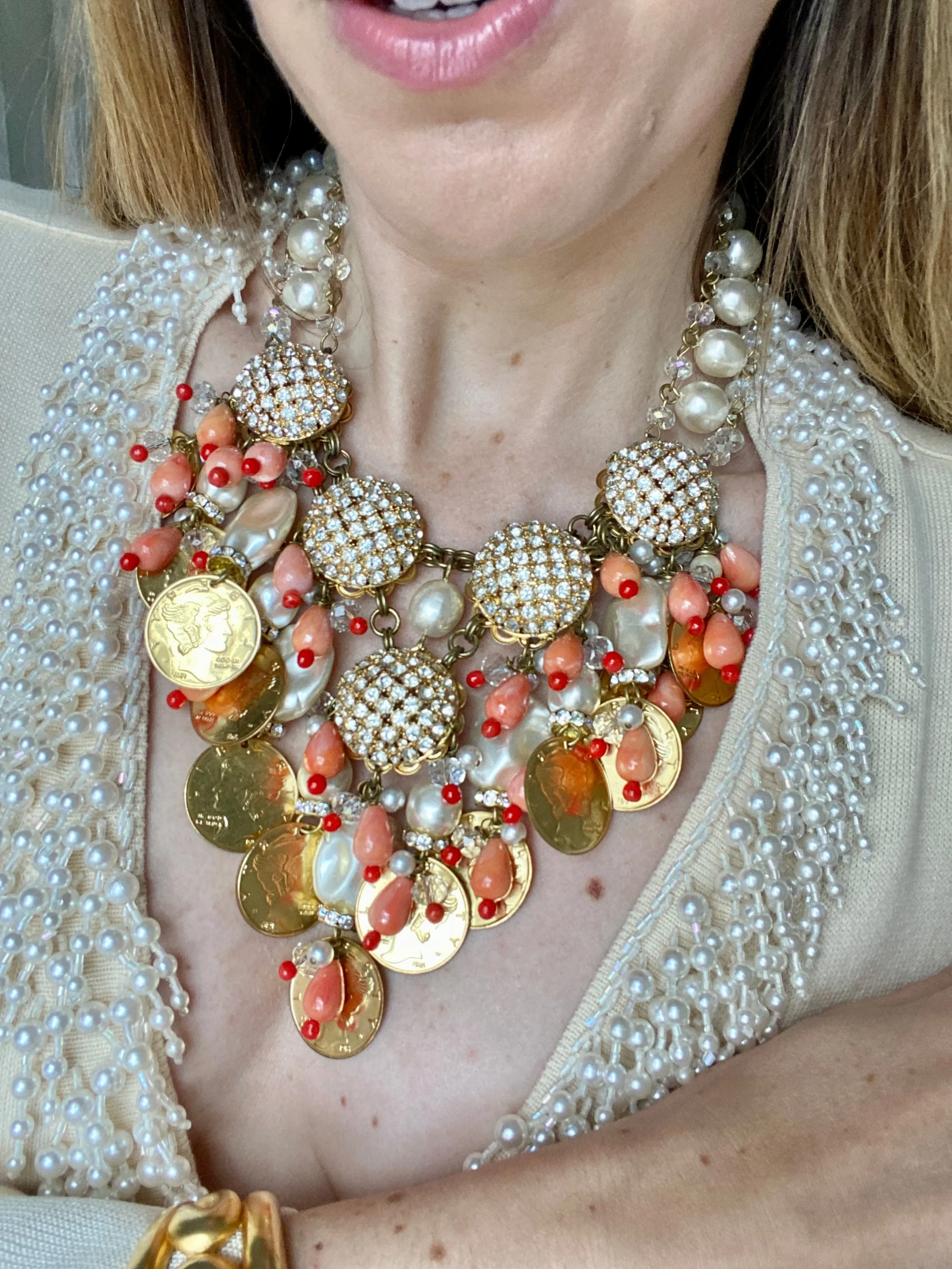 Fabulous Designer VRBA Gold Coin and Pearl Statement Necklace