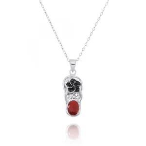Flip Flop Pendant Necklace with Red Coral and Black Spinel Hibiscus Flower