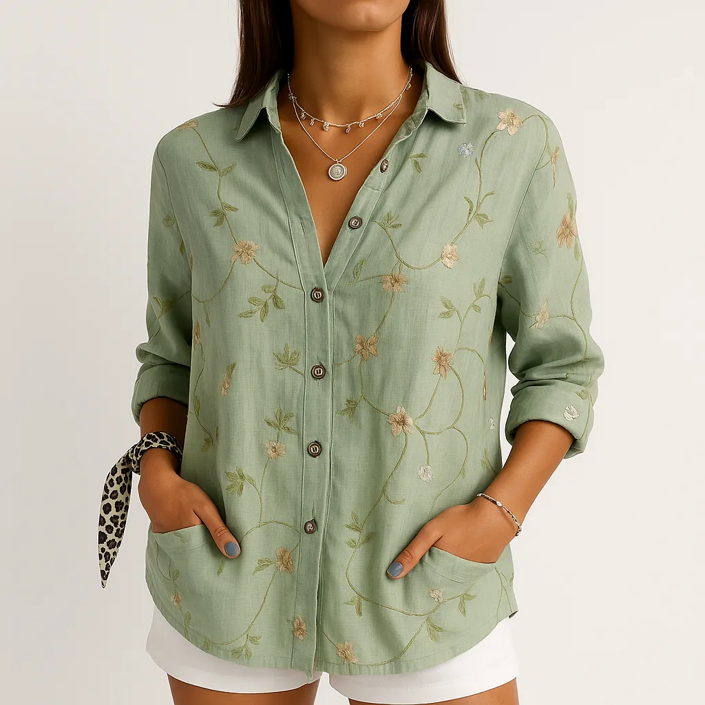 Floral Embroidered Button-Up Shirt | Lightweight Cotton Blend | Subtle Boho Charm