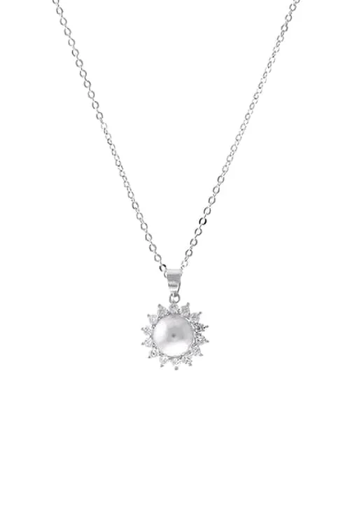 Flower Cubic Zirconia With Center Pearl Pendant Necklace White Silver - Pack of 6