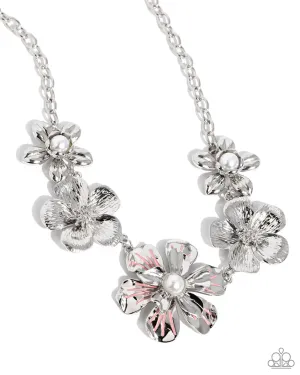 FLOWER Move - Orange - Pearl Center Silver Flower Paparazzi Short Necklace - May 2024 Life of the Party Exclusive