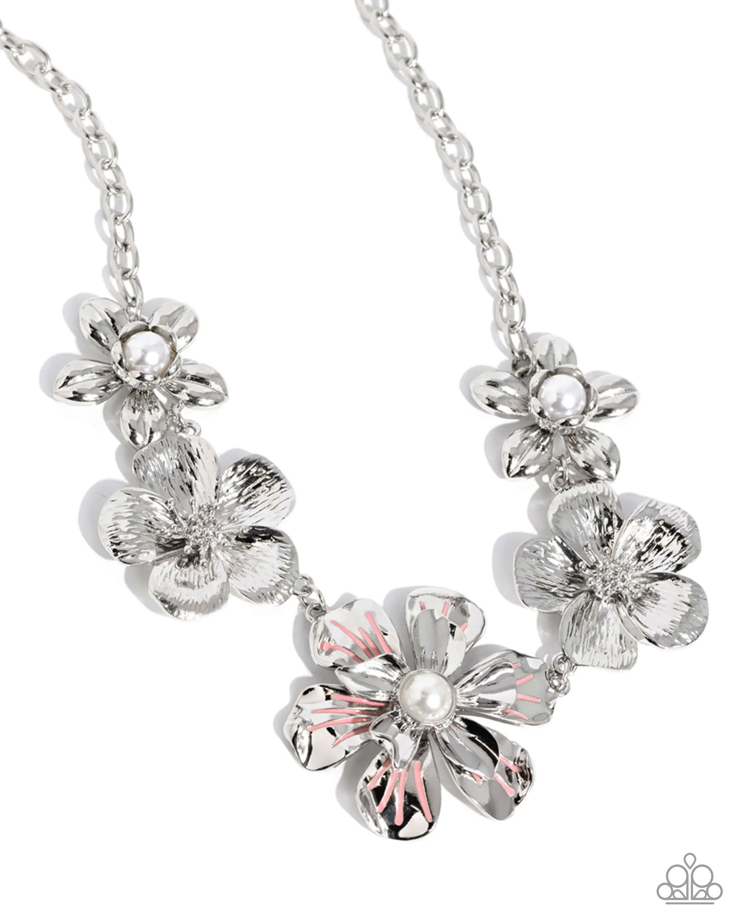 FLOWER Move - Orange - Pearl Center Silver Flower Paparazzi Short Necklace - May 2024 Life of the Party Exclusive