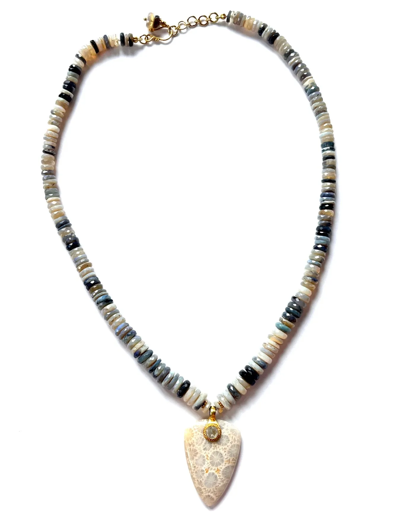 Fossilized coral, diamond pendant with Honey Opals