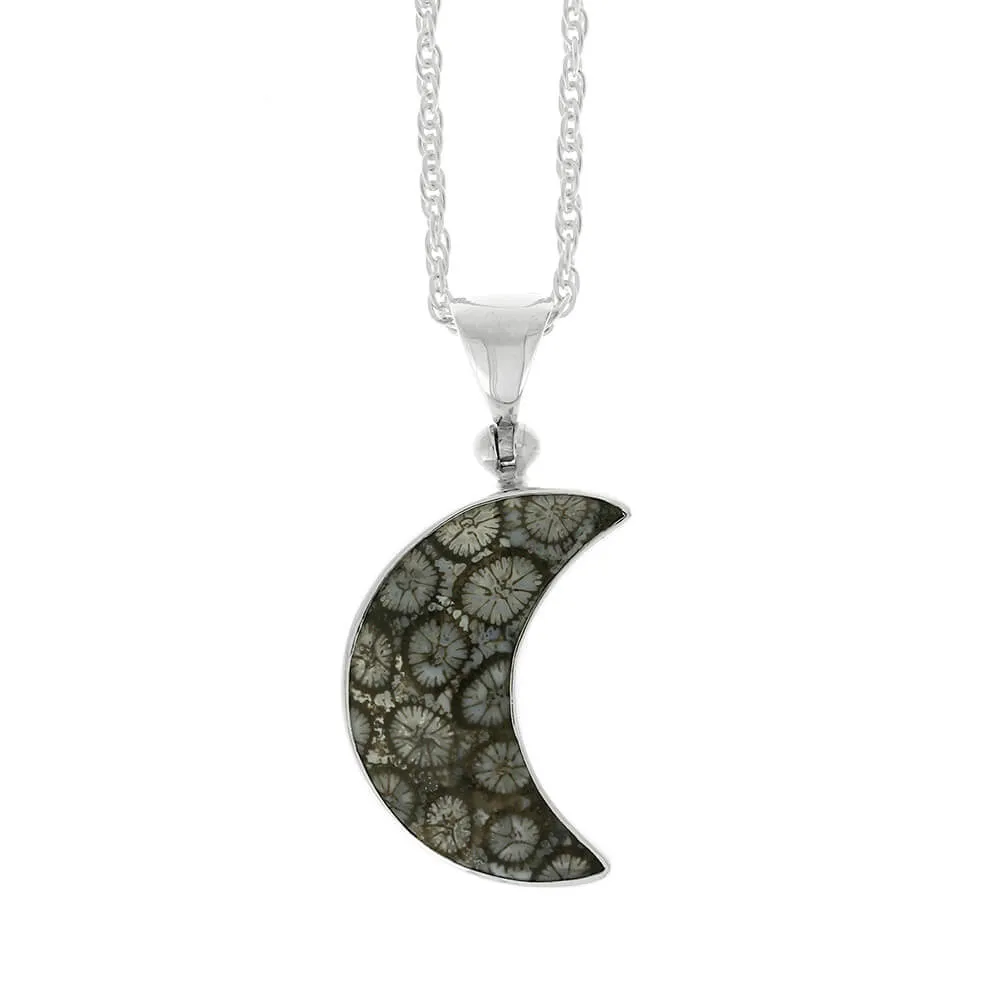 Fossilized Coral Moon Necklace in Silver