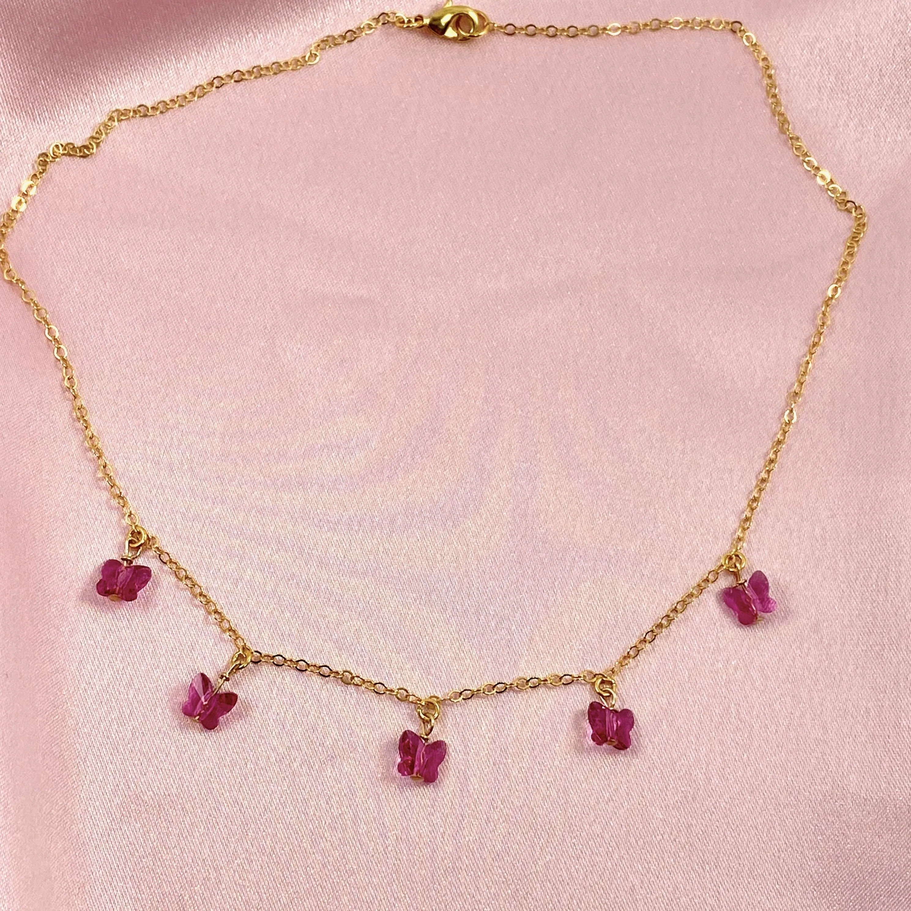 Fuchsia Butterfly Choker  14K Gold Necklace